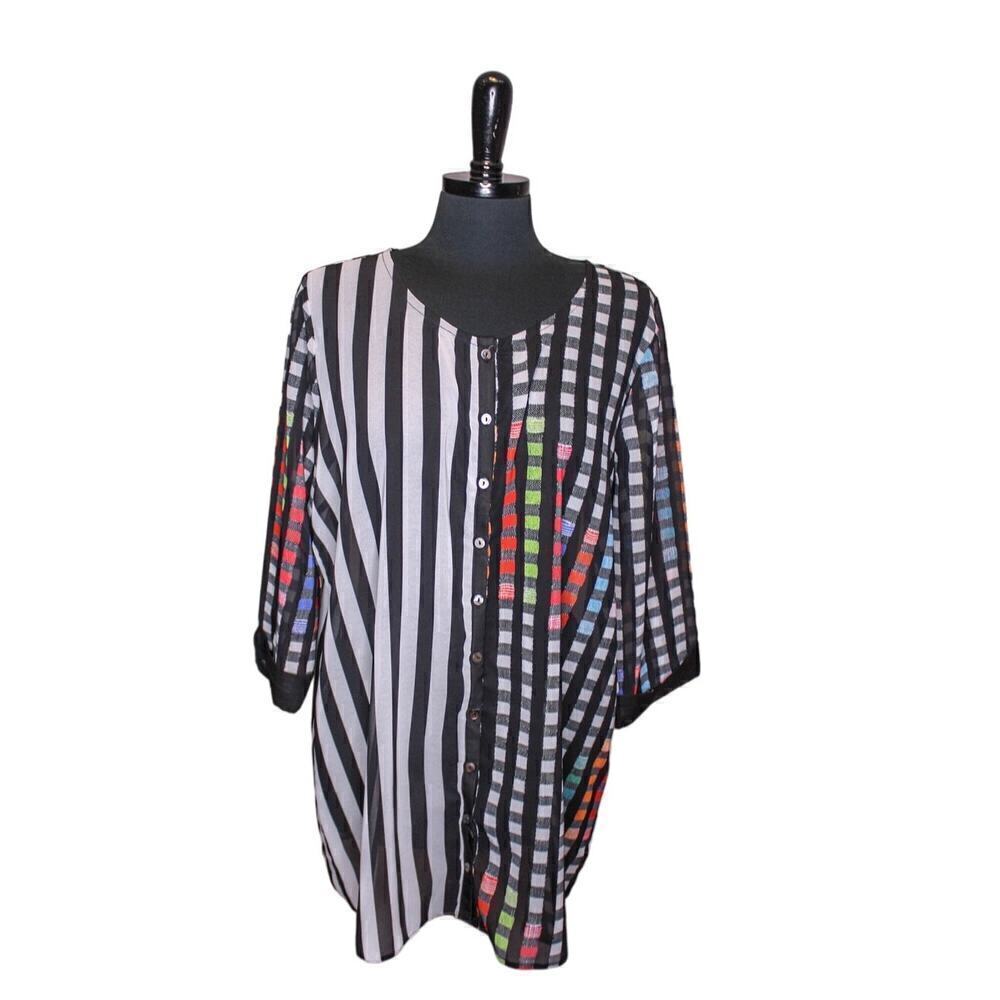 Alison Sheri Sheer Tunic Blouse Top Striped Checked Black And White L - Picture 1 of 4